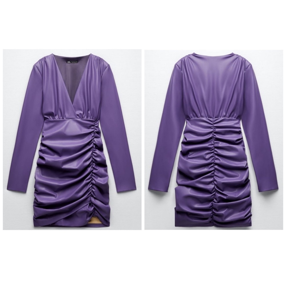 Zara Purple Ruched Faux Leather Long Sleeve Dress NWT